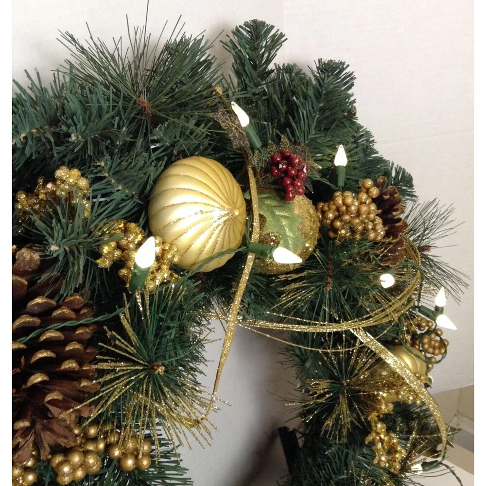 Christmas Wreath PreLit Green/Gold Pine Cones Balls Glamour Front Door Wall 23
